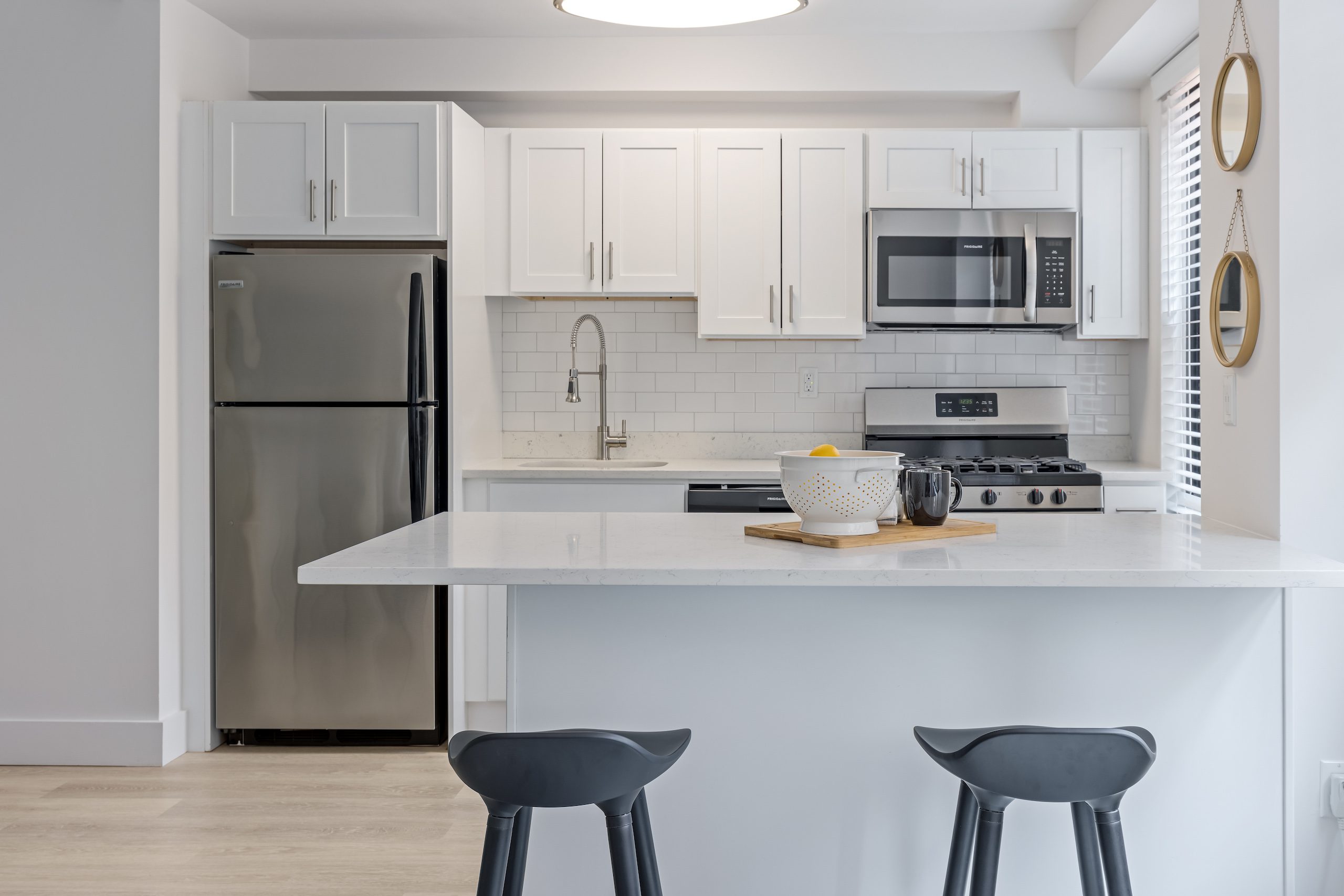 203 Living - rental apartment kitchen with stainless steel appliances at Prospect Park in Stamford
